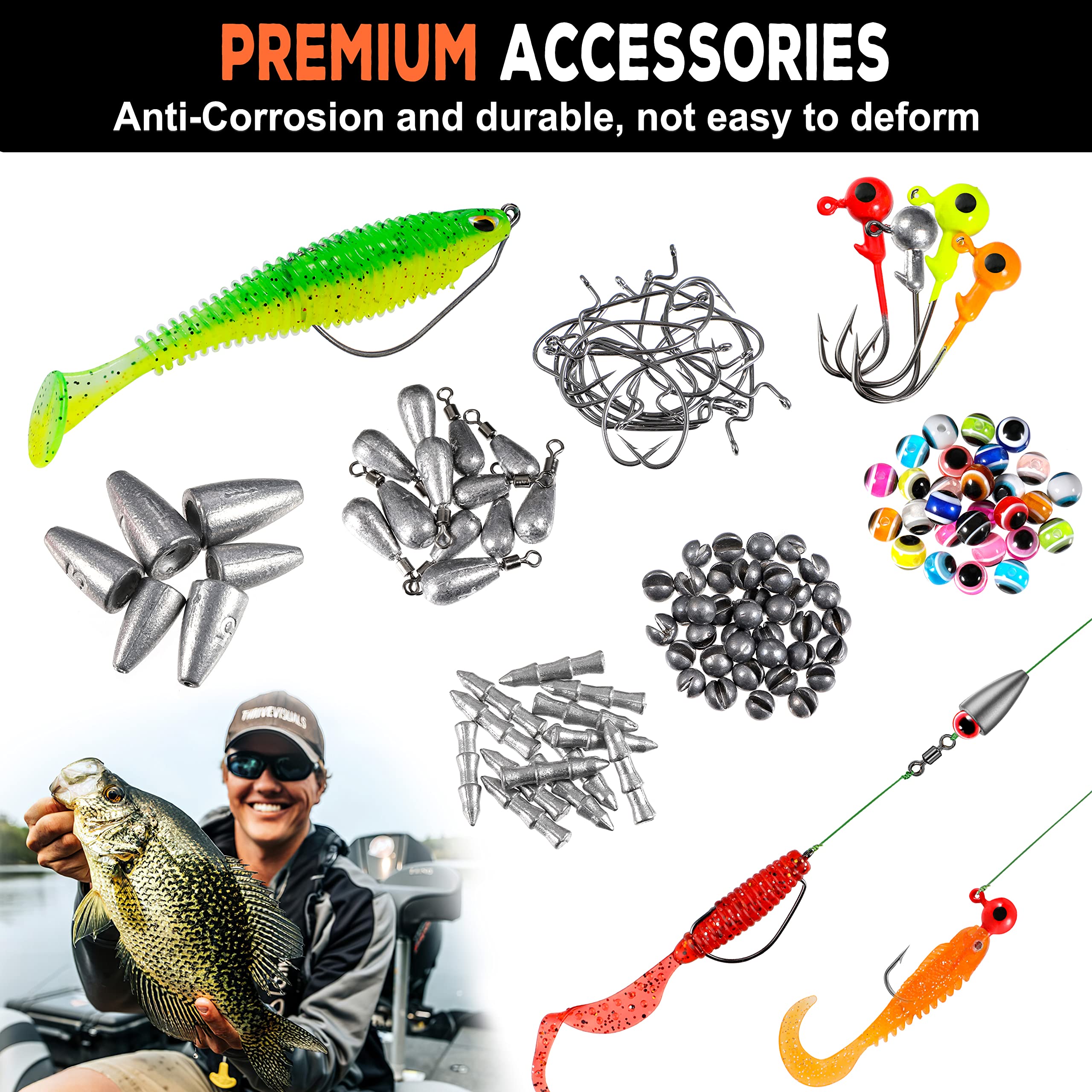 PLUSINNO 201pcs Fishing Accessories Kit, Fishing Tackle Box with Tackle Included, Fishing Hooks, Fishing Weights, Round Split Shot，Fishing Gear for Bass, Trout, Catfish