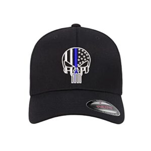 Thin Blue Line Skull USA Flag Flexfit Hat (L-XL Curved Brim, Black)