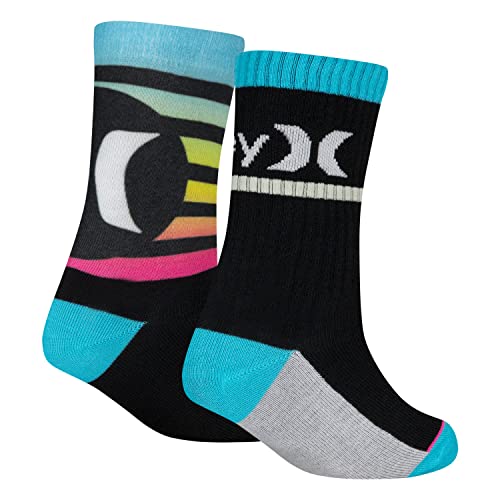 Hurley Boys' 2-Pack Everyday Knit Crew Socks, Black/Multi Stripe, 7-9