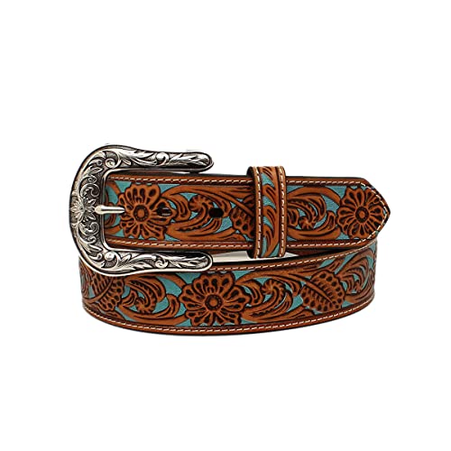 ARIAT Women's Floral Pierced Genuine Leather Belt with Turquoise Underlay, 1-1/2" Wide, Medium, Tan