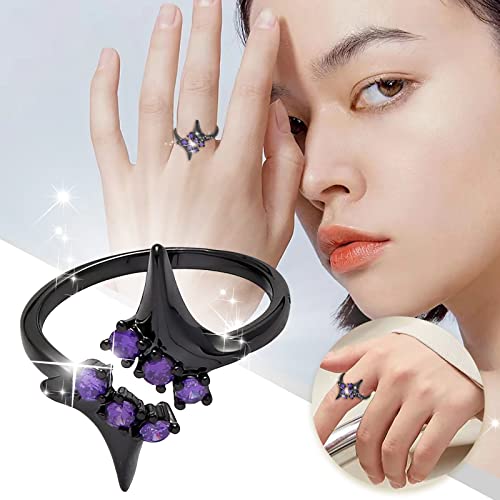 Local Eclectic Ring Index Finger Open Four Pointed Star Ring Creative Ring Jewelry Birthday Proposal Gift Bridal Engagement Party Ring (Black, One Size)