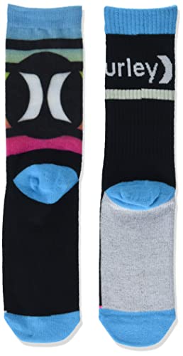 Hurley Boys' 2-Pack Everyday Knit Crew Socks, Black/Multi Stripe, 7-9