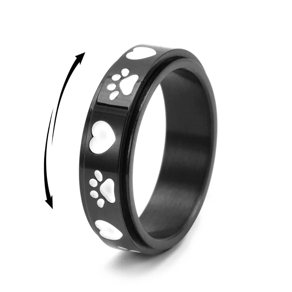 Lovely Dogs Paw Print Fidget Ring Stress Relieving Anti Spinner Rotate Freely Cute Animal Black Stainless Steel Promise Love Engagement Wedding Jewelry Birthday Xmas Valentine's Day Gift for Women