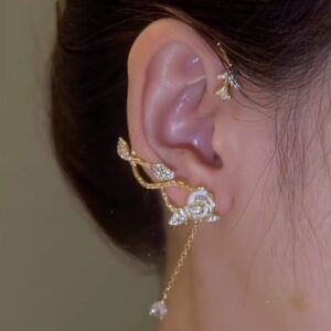 2PCS Women's Clip-On Earrings Hook Without Pierced Ear Bone Clip Swan Wings Ear Clips (Camellia Ear Clips)