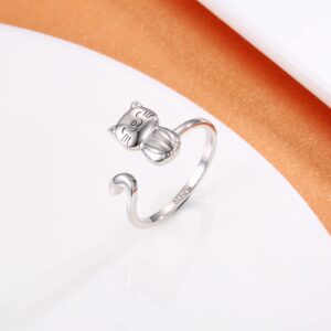 925 Sterling Silver Cow Cat Dinosaur Frog Butterfly Ring Adjustable Cute Cow Print Kitty Animal Lover Jewelry Gifts for Women Birthday (Cat)