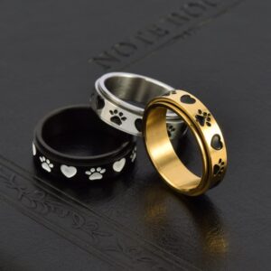 Lovely Dogs Paw Print Fidget Ring Stress Relieving Anti Spinner Rotate Freely Cute Animal Black Stainless Steel Promise Love Engagement Wedding Jewelry Birthday Xmas Valentine's Day Gift for Women