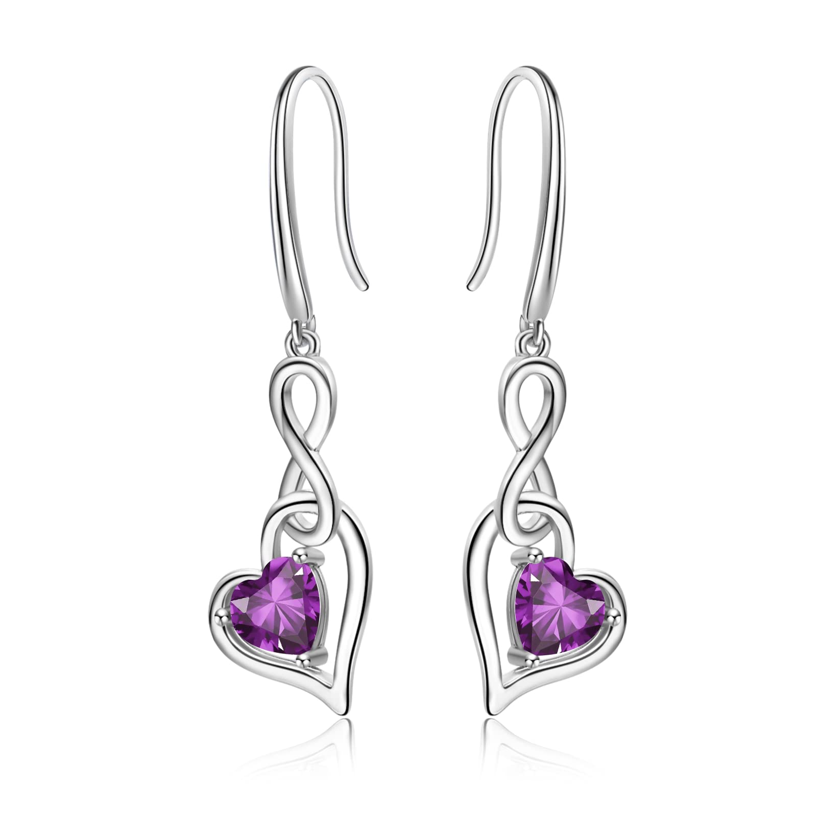 Amethyst Birthstone Drop Earrings for Women - Shysnow February Infinity Dangle Earrings 925 Sterling Silver Heart Purple Cubic Zirconia Drop Crystal Dangling Earrings