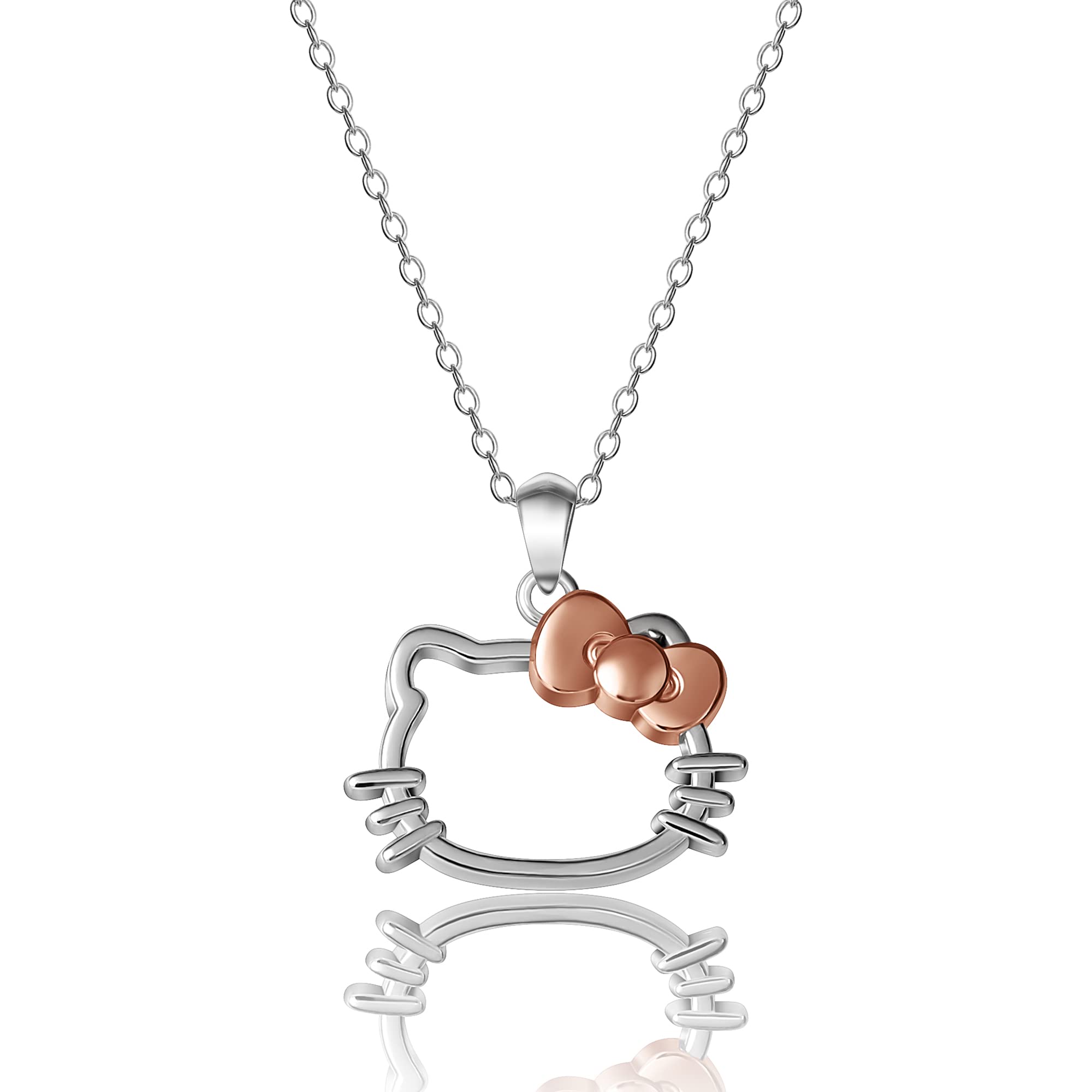 SALLY ROSE Sanrio Hello Kitty Necklace 18" - Sterling Silver Necklace with Hello Kitty Silhouette and Bow Pendant Officially Licensed