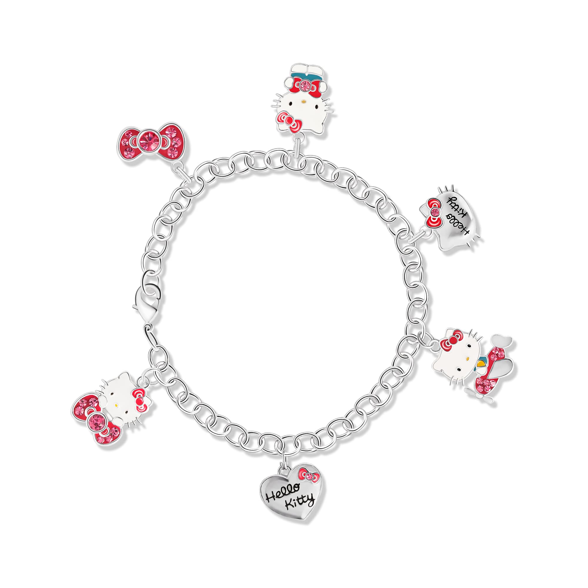 SALLY ROSE Sanrio Hello Kitty Charm Bracelet 8-inch - Silver Plated Hello Kitty Charm Bracelet Officially Licensed