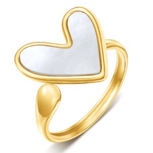 yaduda gold heart ring mother of pearl ring hypoallergenic lucky ring 14k gold plated stainless steel adjustable heart pandent ring stackable dainty rings cute gold rings for women