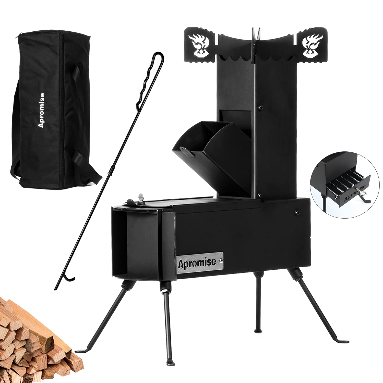 APROMISE Rocket Stove - Rocket Stove Wood Burning Portable with Free Carrying Bag and Fire Poker | Rocket Stove for Cooking, Hunting, Fishing, Picnic, Camping, BBQ | Collapsible