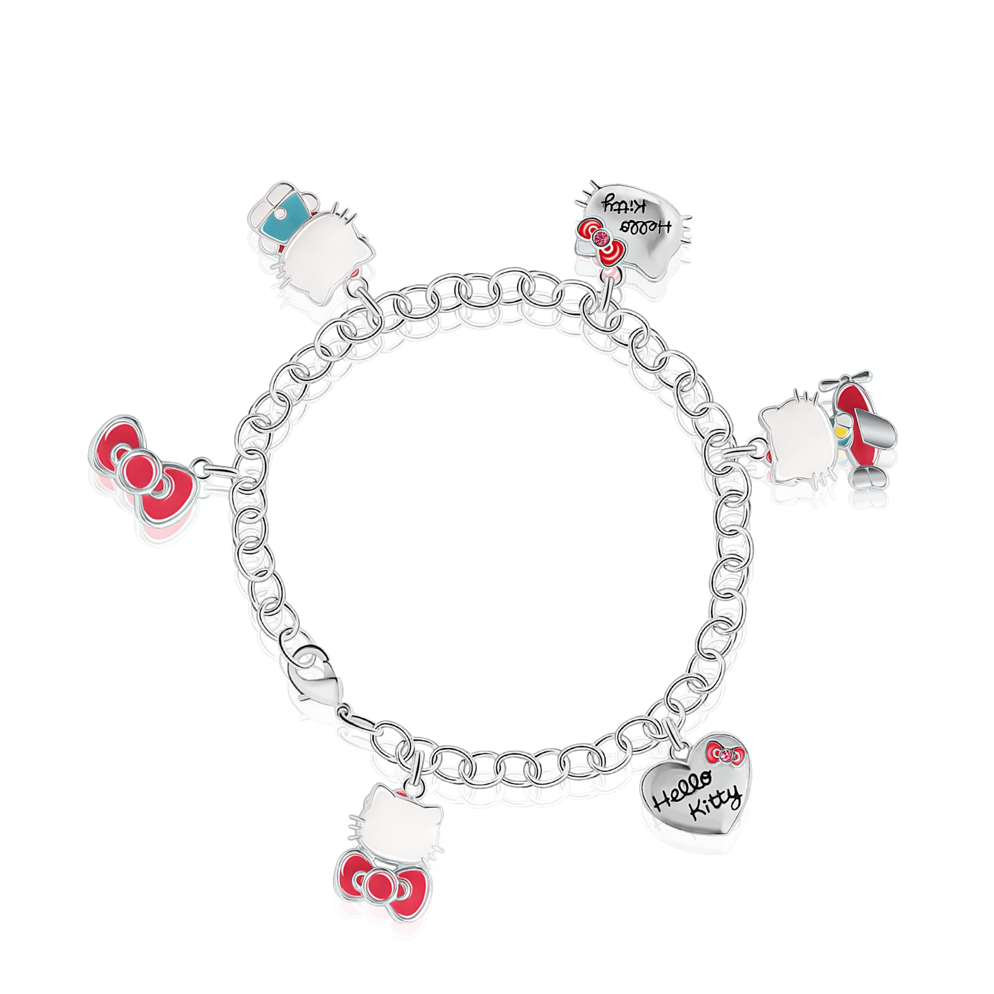 SALLY ROSE Sanrio Hello Kitty Charm Bracelet 8-inch - Silver Plated Hello Kitty Charm Bracelet Officially Licensed