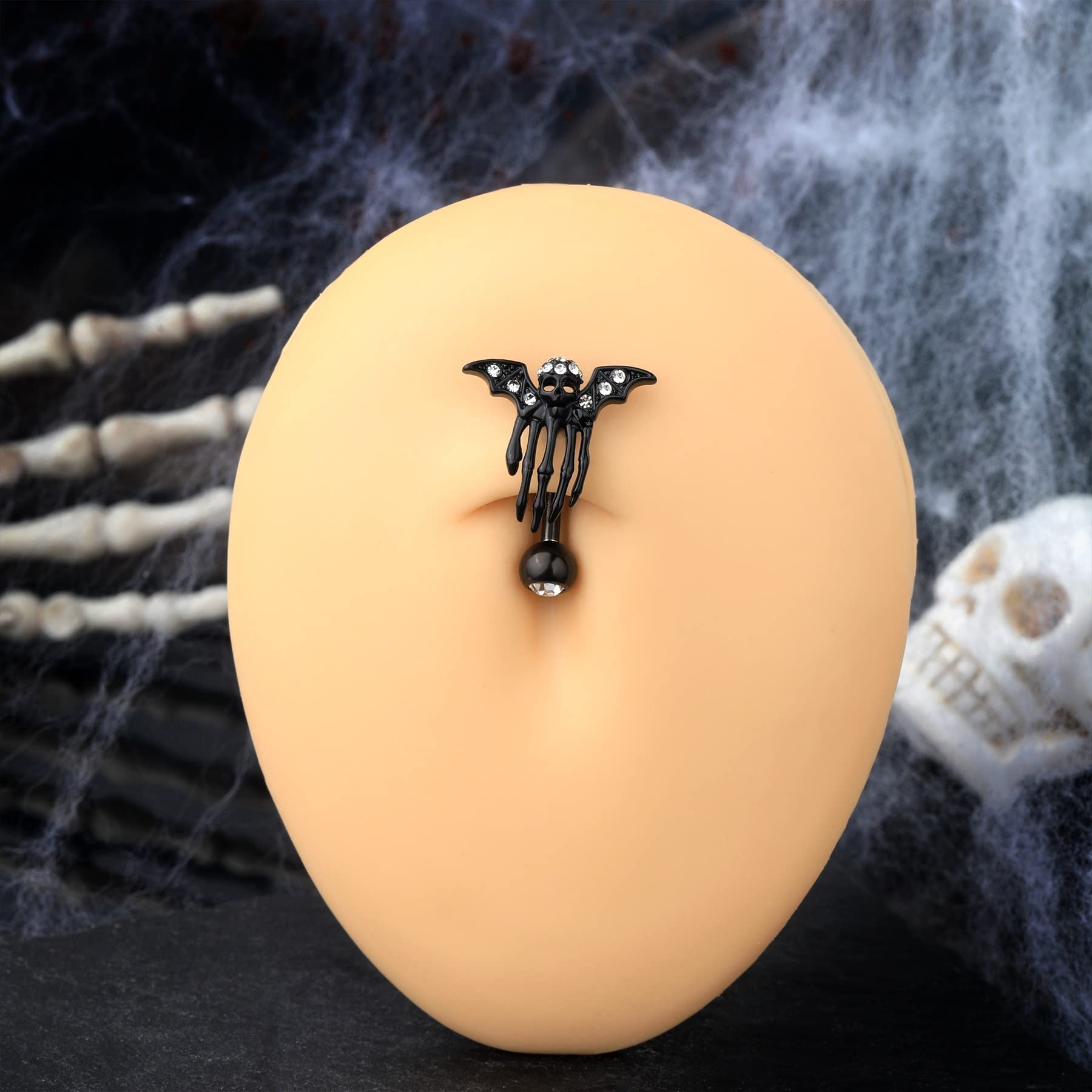 COCHARM Black Bat Skeleton Belly button Rings 14g Hallween Skull Hand Reverse Belly Rings Top Down Belly Piercing Jewelry Navel Rings