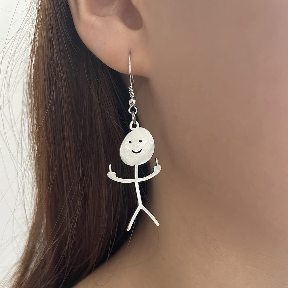 Pingyongchang Cool Funny Doodle Middle Finger Earrings Cute Handmade Face Dangle Drop Earrings for Women Men Friendship Personalized Jewelry Best Friend Gift-Silver Earrings