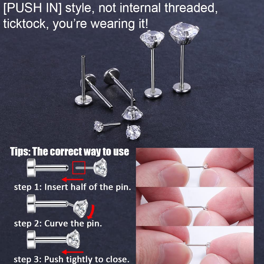 PunkTracker 16g/18g/20g Threadless Piercing Jewelry for Tragus Nose Helix Conch Medusa Lip Labret - Surgical Steel Helix Earring Cartilage Tragus Earrings Stud Nose Studs for Women Men