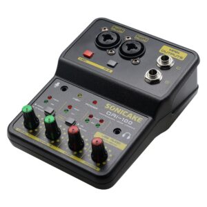 sonicake audio mixer, portable usb mini sound board console, 2 channel with sound card, 48v phantom power compact dj mixers for pc & music recording, live streaming, podcasting, ktv, karaoke