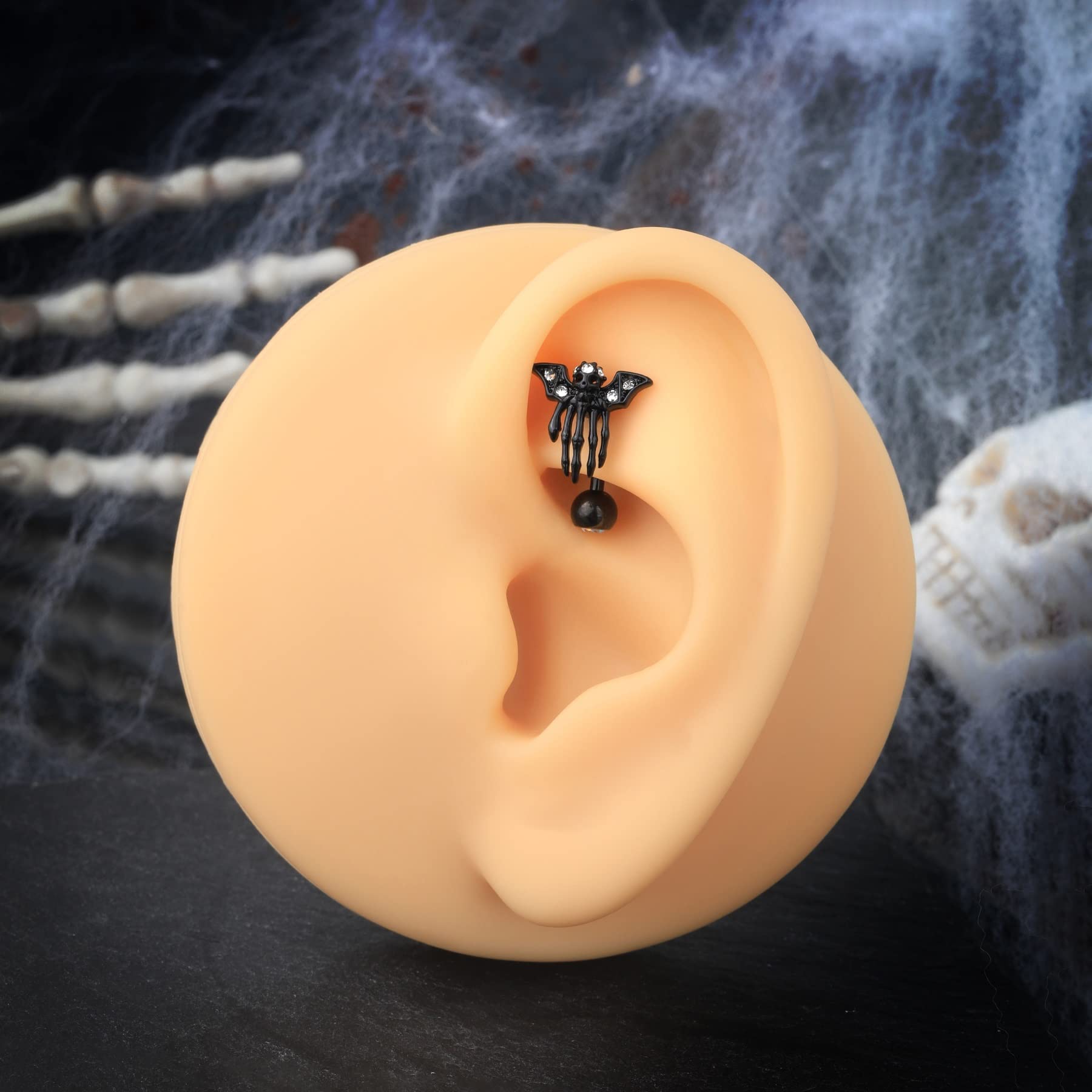 COCHARM Black Bat Skeleton Rook Earrings Hallween Rook Piercing Skull Hand 16g Rook Jewelry 8mm 16g Curved Rook