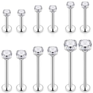 ftovosyo 12pcs 16g different sizes flat back stud stainless steel labret ashley medusa monroe dimple cheek lip rings studs piercing jewelry for women men bar length 6mm-19mm silvertone