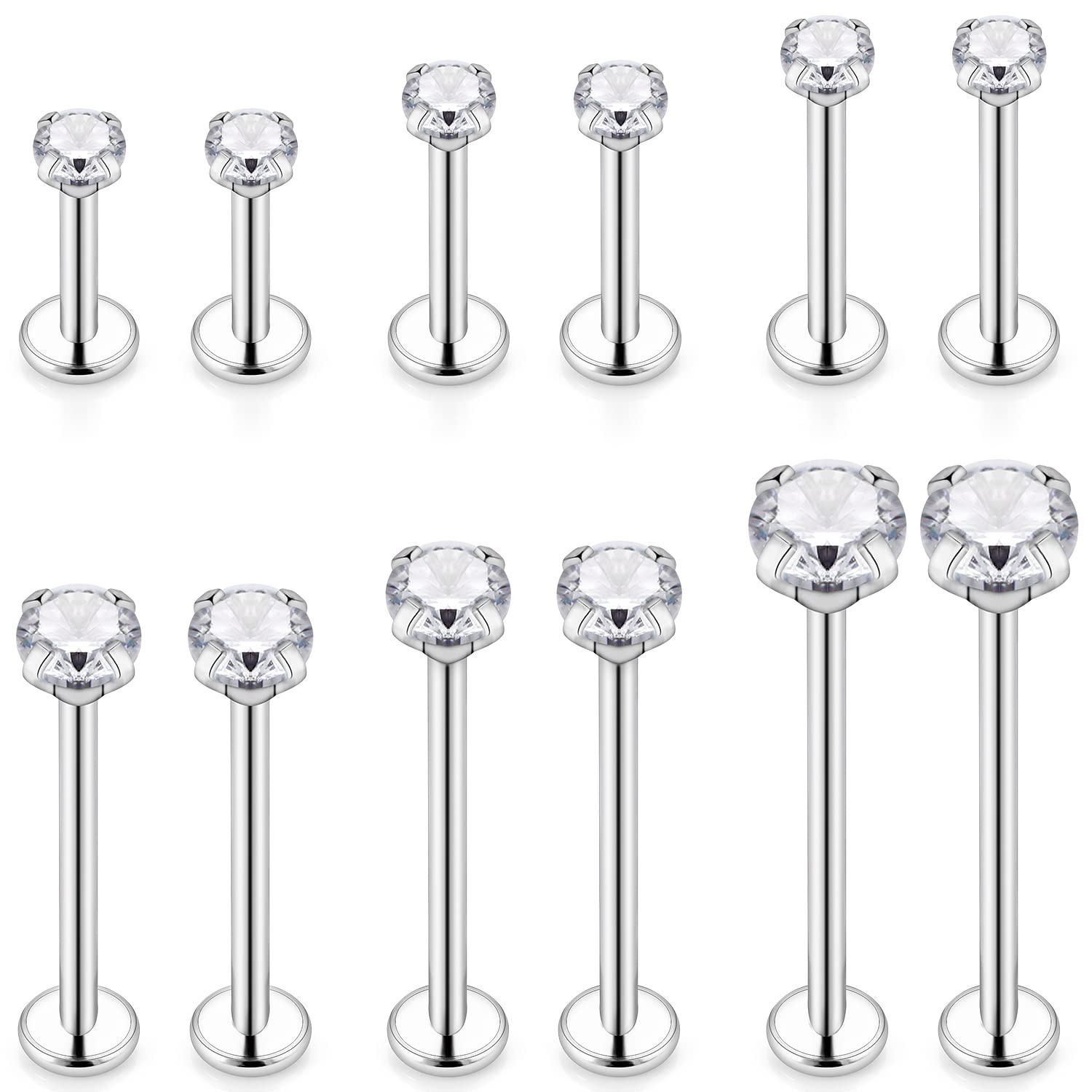 Ftovosyo 12Pcs 16G Different Sizes Flat Back Stud Stainless Steel Labret Ashley Medusa Monroe Dimple Cheek Lip Rings Studs Piercing Jewelry for Women Men Bar Length 6mm-19mm Silvertone