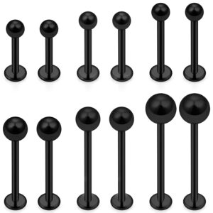 Ftovosyo 12Pcs 16G Different Sizes Flat Back Stud Stainless Steel Labret Ashley Medusa Monroe Dimple Cheek Lip Rings Studs Piercing Jewelry for Women Men Bar Length 8mm-19mm Black