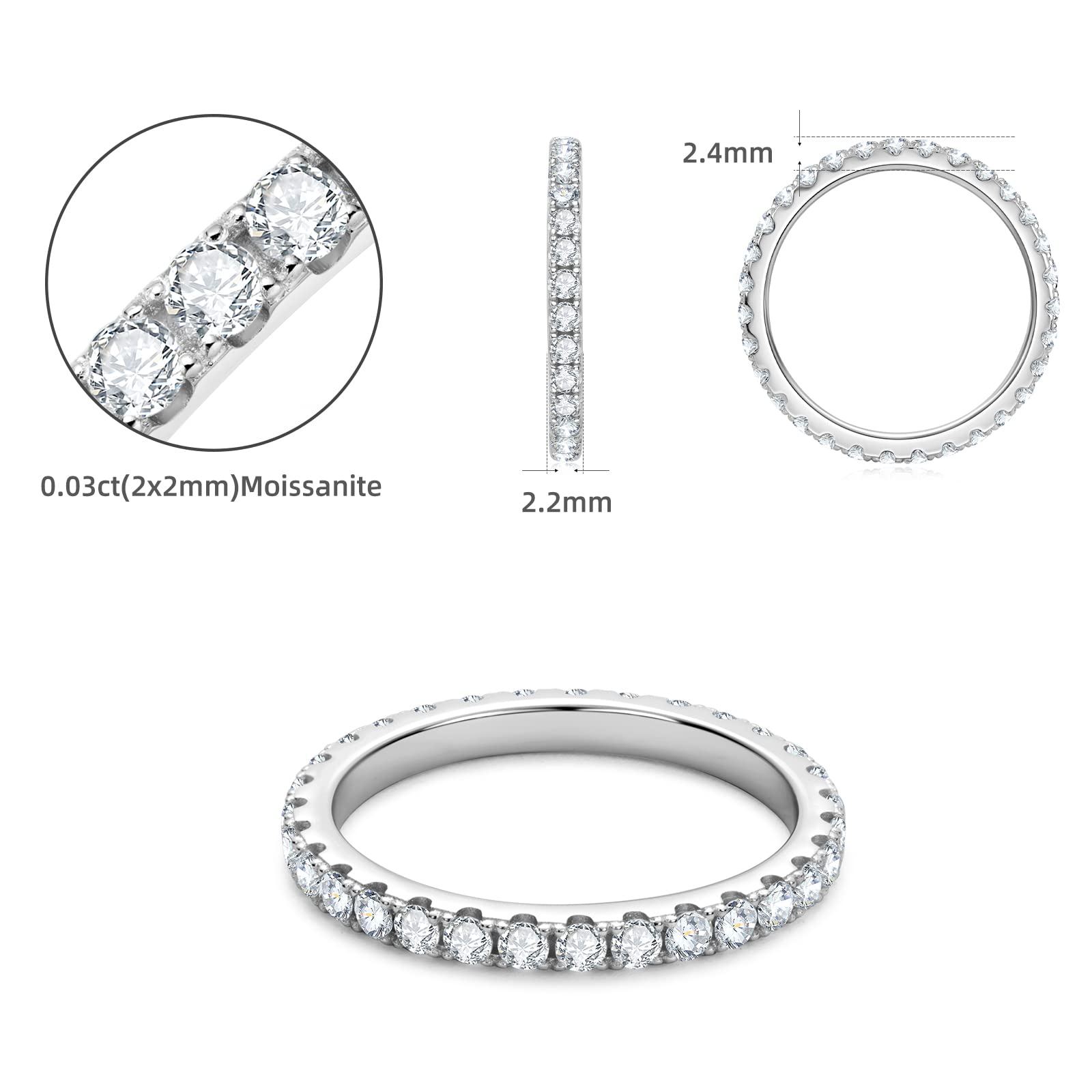 AINUOSHI Eternity Ring, 925 Sterling Silver Moissanite Stacking Rings for Women 2mm Round Cut Ideal Trendy Engagement Wedding Band Size 4-10 (7, Eternity Ring)