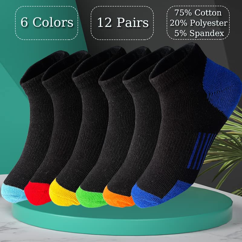 Tsmollyu 12 Pairs kids Half Cushion Low Cut socks, Socks for Boys Age 3-10,Cotton Ankle Athletic Sock for Little Big Kids(7-10 Years)