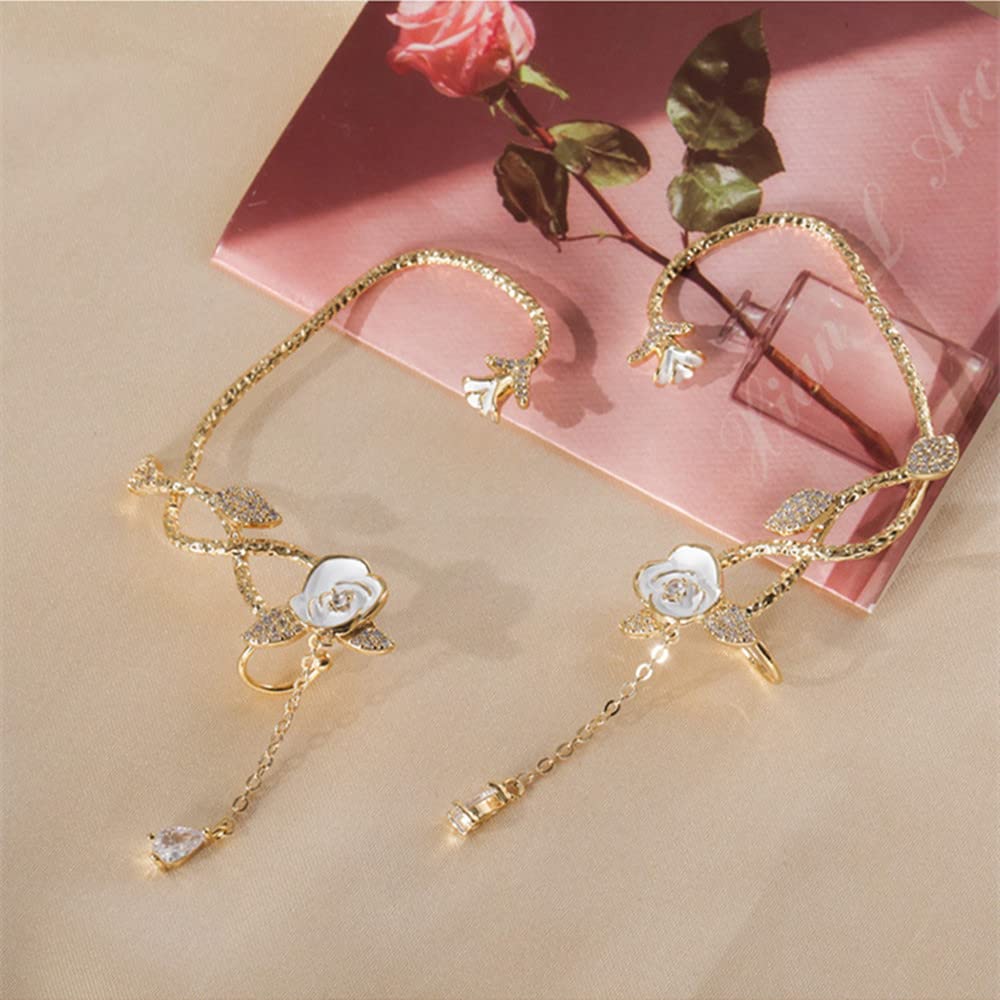 2PCS Women's Clip-On Earrings Hook Without Pierced Ear Bone Clip Swan Wings Ear Clips (Camellia Ear Clips)