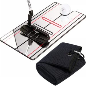 upgrade golf putting mirror, portable putting aid, professional golf training equipment, golf training aid, golf trainer, putting mirror training aid for golf, putting trainer, with a black golf towel