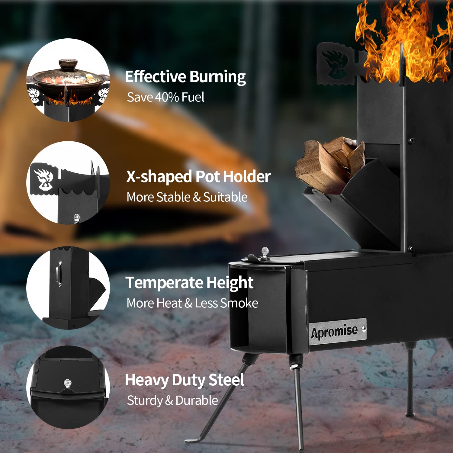 APROMISE Rocket Stove - Rocket Stove Wood Burning Portable with Free Carrying Bag and Fire Poker | Rocket Stove for Cooking, Hunting, Fishing, Picnic, Camping, BBQ | Collapsible