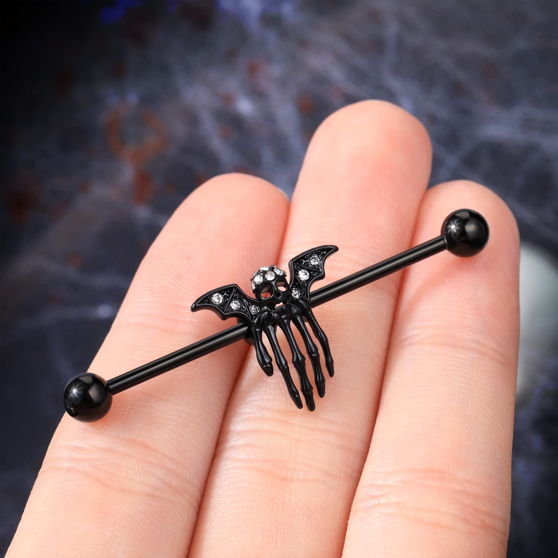 COCHARM Black Bat Skeleton Industrial Earrings 14g Hallween Skull Hand Industrial Piercing Jewelry Surgical Steel Industrail Bar Piercing