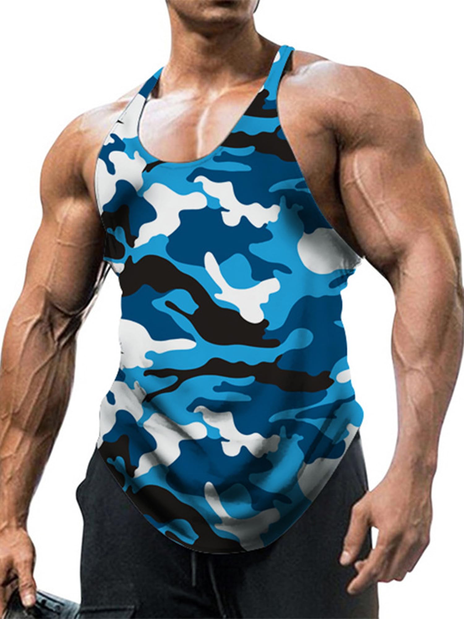 Loodgao Men's Gym Workout Tank Top Stringer Bodybuilding Muscle Vest Camouflage Sleeveless Summer T-Shirt Blue Medium