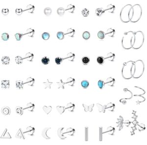 sailimue 23pairs surgical steel flat back stud earrings for women men hypoallergenic 20g tiny cartilage earrings stud hoops small cz star moon heart opal helix tragus daith earrings piercing jewelry