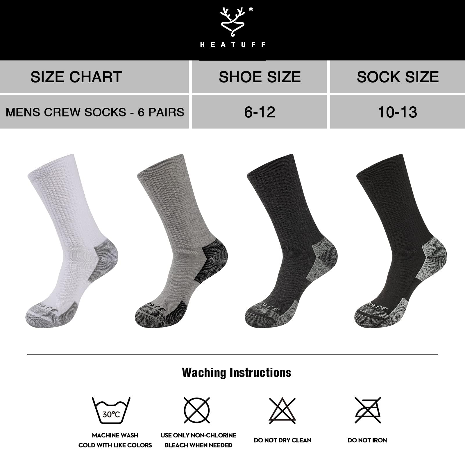 Heatuff Mens Crew Socks Moisture Wicking Max Cushion Athletic Work Socks for men (6 Pairs)