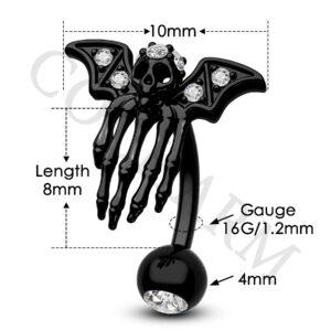 COCHARM Black Bat Skeleton Rook Earrings Hallween Rook Piercing Skull Hand 16g Rook Jewelry 8mm 16g Curved Rook