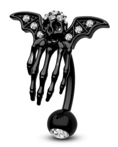 cocharm black bat skeleton belly button rings 14g hallween skull hand reverse belly rings top down belly piercing jewelry navel rings