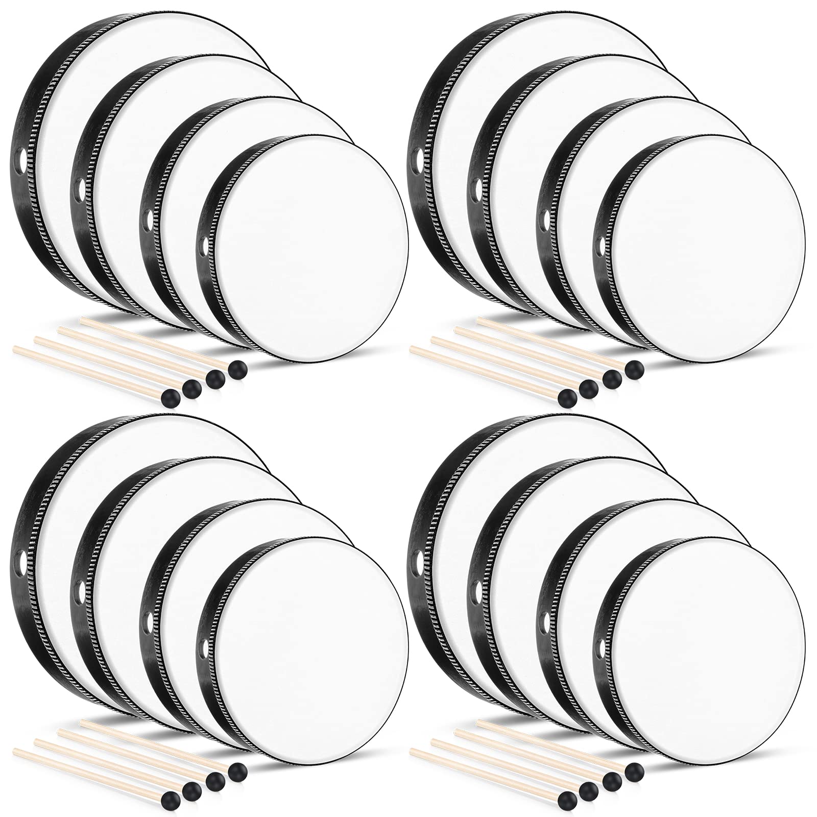 Konohan 16 Pcs Kids Hand Drums Wooden Frame Drum with Drum Stick, 12 Inch 10 Inch 8 Inch 6 Inch Educational Musical Instruments for Adults Drums Beginners for Home School Party Supplies (Black)