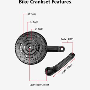 MEGHNA Bicycle Crankset FC-TY301 42-34-24 Teeth for 3x6/7/8 Speed 170mm Crank for Mountain Bike Gears Square Gears