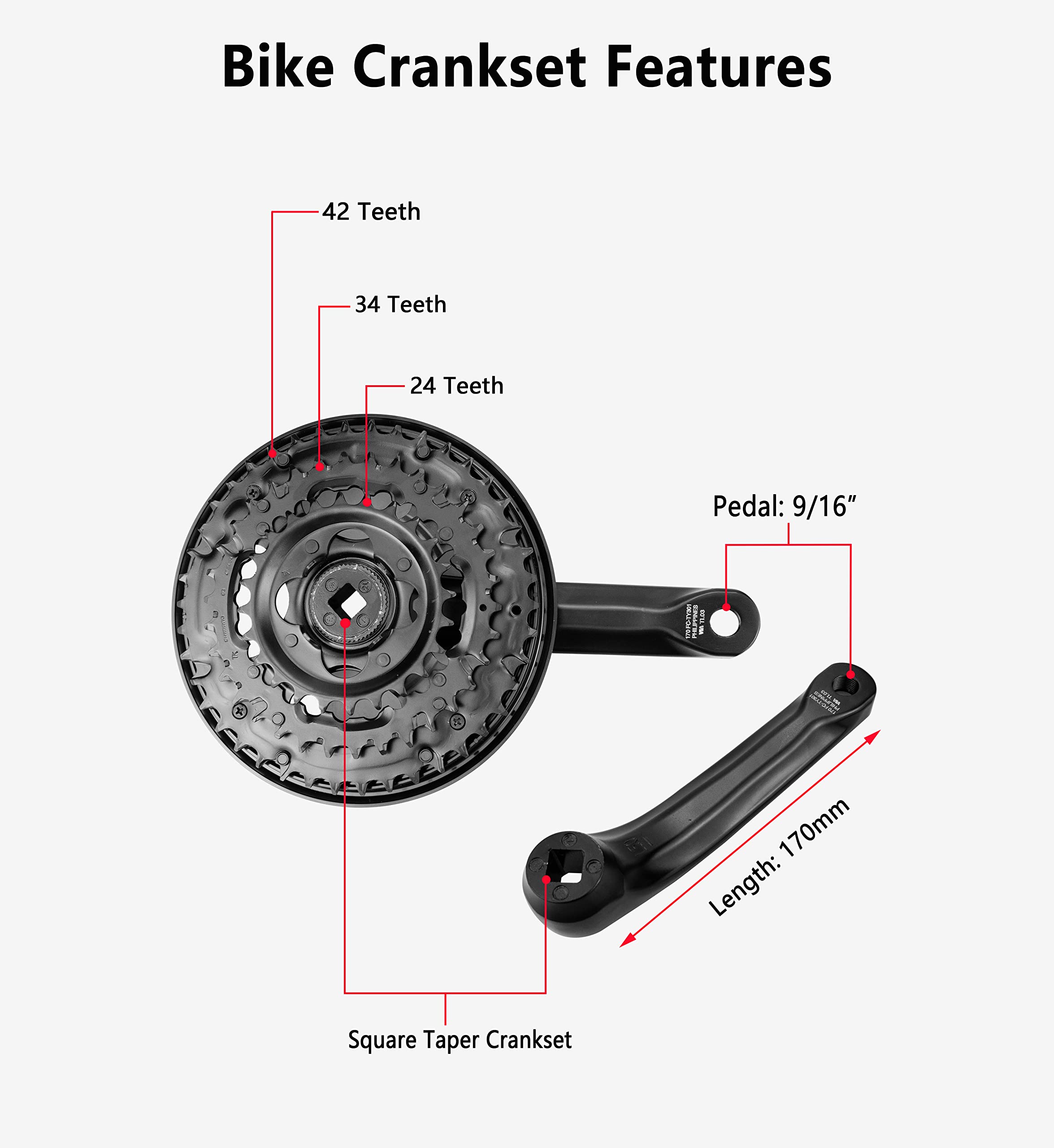 MEGHNA Bicycle Crankset FC-TY301 42-34-24 Teeth for 3x6/7/8 Speed 170mm Crank for Mountain Bike Gears Square Gears