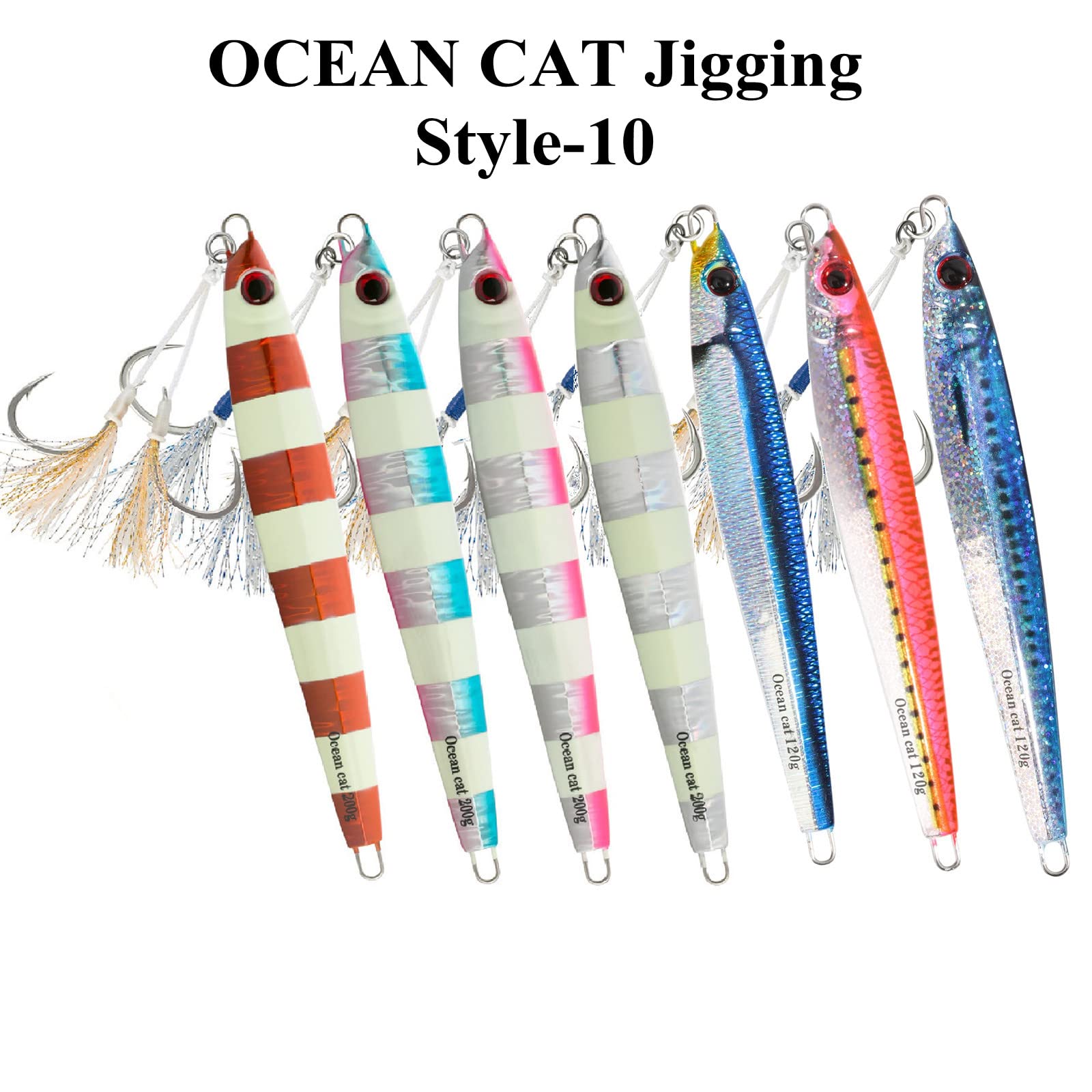 OCEAN CAT Slow Pitch Jig Flat Fall Jigging Fishing Lures Vertical Jigs Jigging Baits with Assist Slow Pitch Jig Hook for Saltwater Fishing 60G/100G/150G/200G/250G (40G, Style-10: Black&Silver Color)