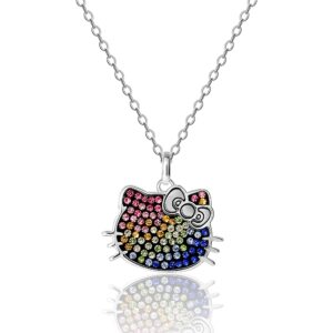 SALLY ROSE Sanrio Hello Kitty Womens Necklace 18" - Silver Plated Hello Kitty Necklace with Rainbow Crystal Pendant Officially Licensed