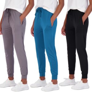 Real Essentials 3 Pack: Womens Dry Fit Athletic Active Lounge Jogger Sweatpants Sweat Pants Teen Workout Gym Yoga Track Running Casual Ladies Pockets Cuffed Soft Lightweight Exercise - Set 3, L