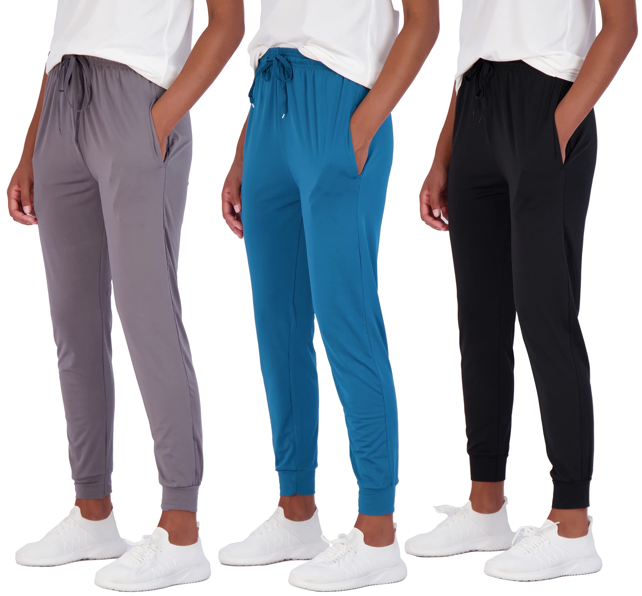 Real Essentials 3 Pack: Womens Dry Fit Athletic Active Lounge Jogger Sweatpants Sweat Pants Teen Workout Gym Yoga Track Running Casual Ladies Pockets Cuffed Soft Lightweight Exercise - Set 3, L