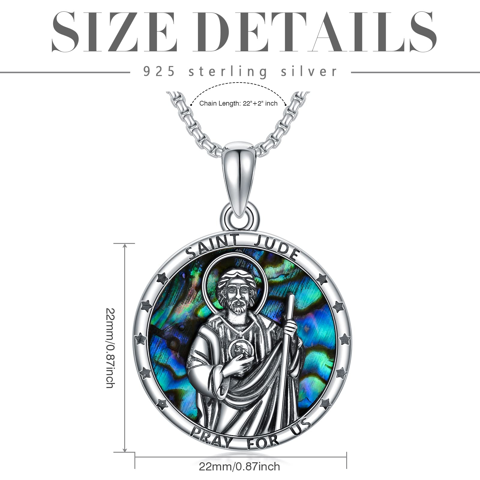 Shusukue Saint Jude Necklace with Abalone Shell 925 Sterling Silver St Jude Medal Religious Amulet Jewelry Gifts for Men Women