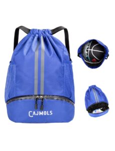 cajmols drawstring backpack with ball compartment water resistant sport equipment bag for soccer volleyball baseball softball football yoga swimming (q-blue)