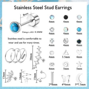 SAILIMUE 23Pairs Surgical Steel Flat Back Stud Earrings For Women Men Hypoallergenic 20G Tiny Cartilage Earrings Stud Hoops Small CZ Star Moon Heart Opal Helix Tragus Daith Earrings Piercing Jewelry