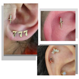 Jewseen 14K Gold Top Push in Threadless Sword Flat Back Stud Cartilage Earring Nose Stud Threadless Earring Helix Piercing Jewelry Tragus Earrings Lip Ring for Women Men