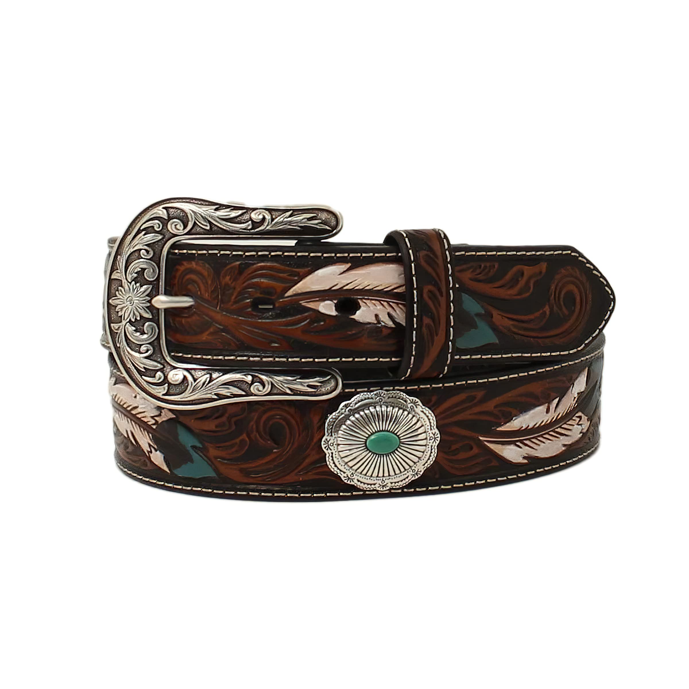 ARIAT Ladies Belt Feather Floral Embossed Oval Concho, Small, Brown