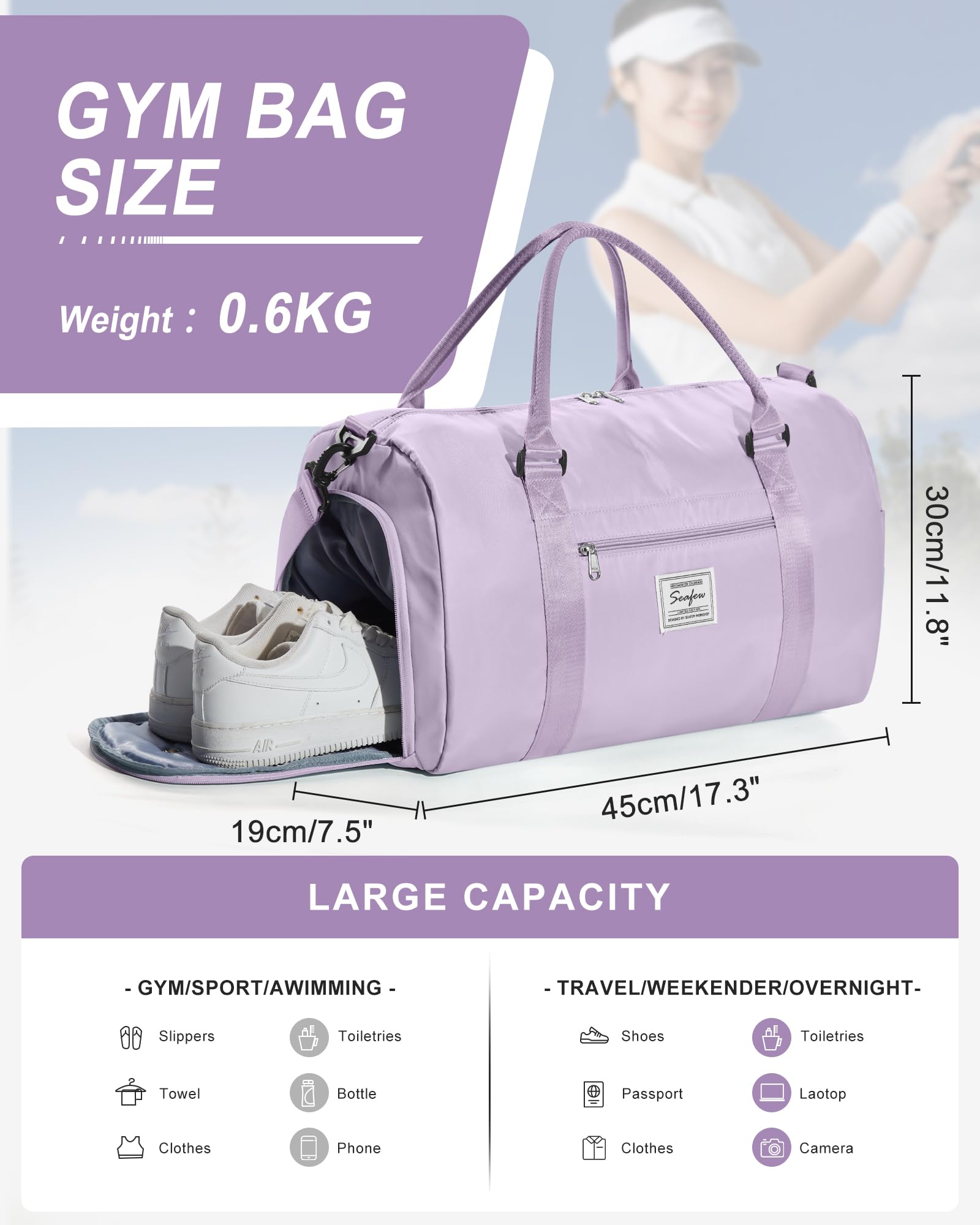 Gym Bag Womens Mens with Shoes Compartment and Wet Pocket Travel Duffel Bag for Women for Plane Sport Gym Tote Bags Swimming Yoga Waterproof Weekend Overnight Bag Carry on Bag Hospital Holdalls