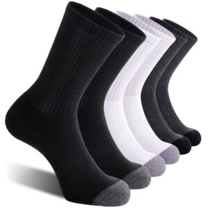 celersport 6 pack men's athletic crew socks, work boot socks with full cushion, black+white+grey, shoe size: 12-15