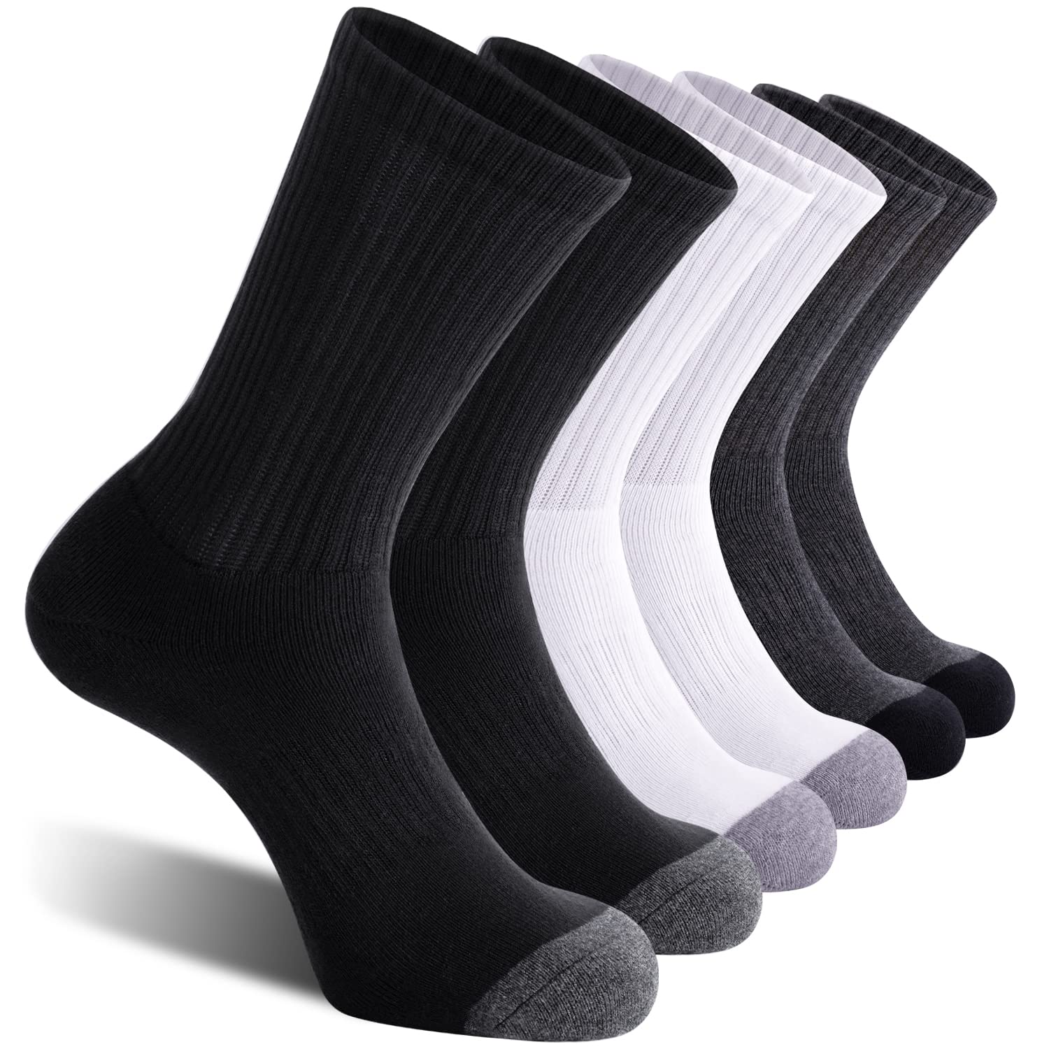 CelerSport 6 Pack Men's Athletic Crew Socks, Work Boot Socks with Full Cushion, Black+White+Grey, Shoe Size: 12-15